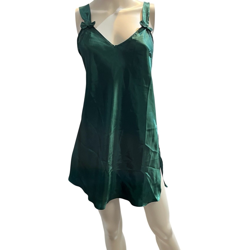 Vintage LaVie En Rose Slip Dress Green Satin Mini M Bow Detail Y2K Holiday Party
